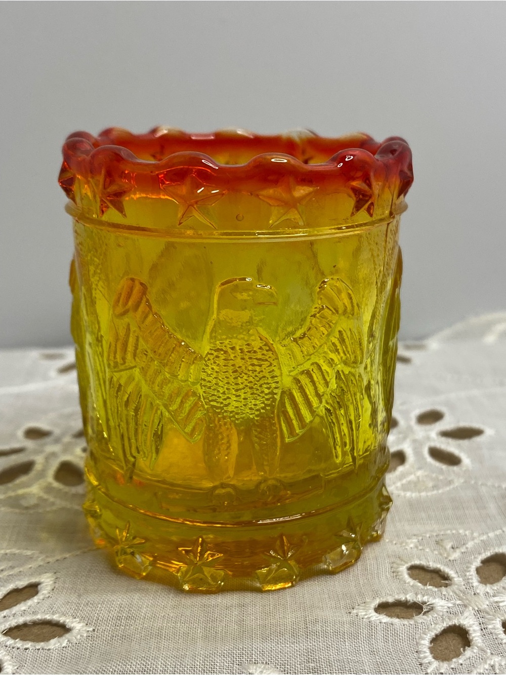 Vintage Kanawha Amberina Glass Toothpick Holder Eagle and Stars Patriotic Design